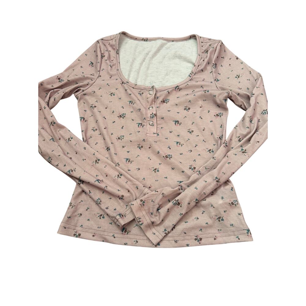 Dazy Dusty Pink Floral Ribbed Henley Long Sleeve Top Size S Button Front